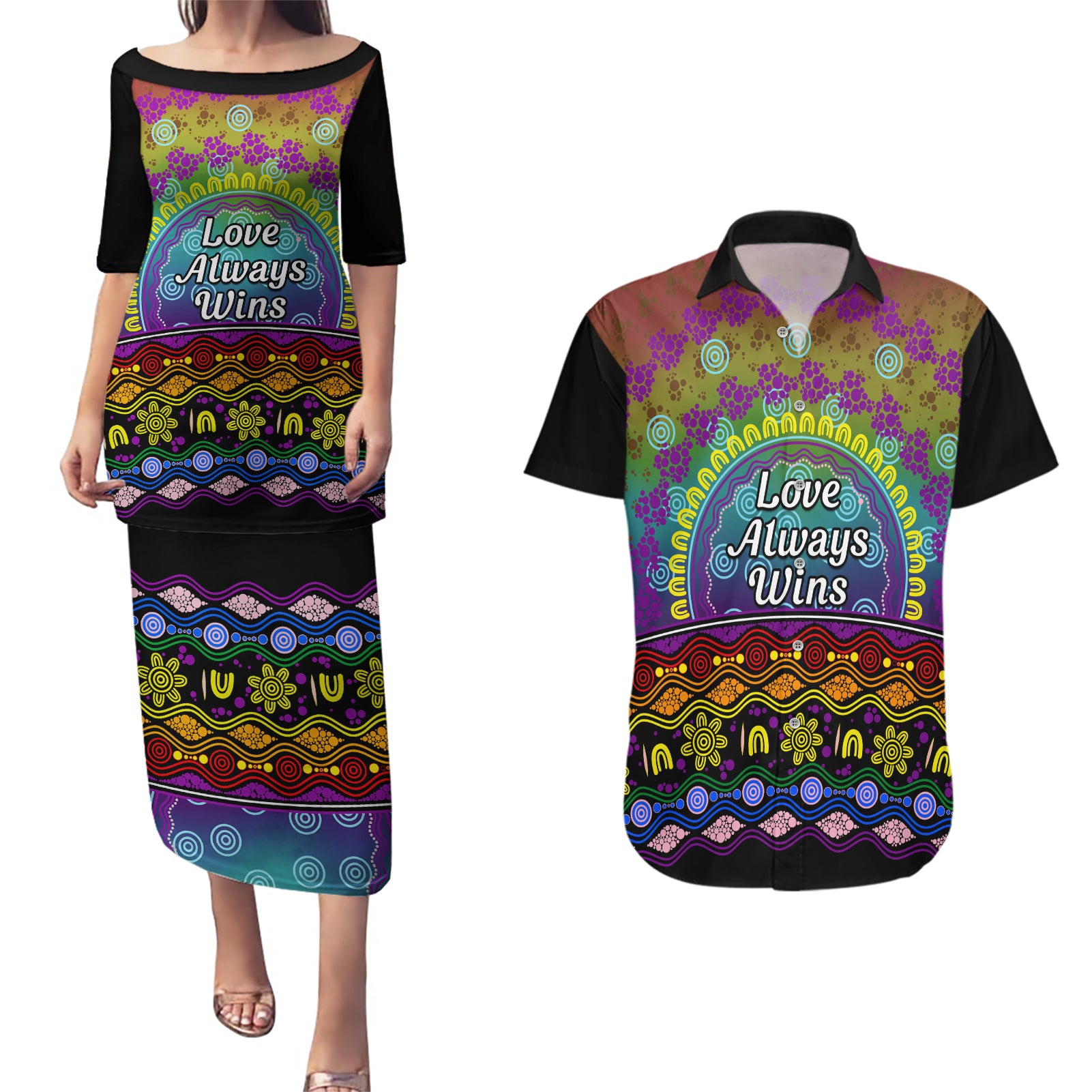 Australia LGBT History Month Couples Matching Puletasi and Hawaiian Shirt Love Always Wins Aboriginal