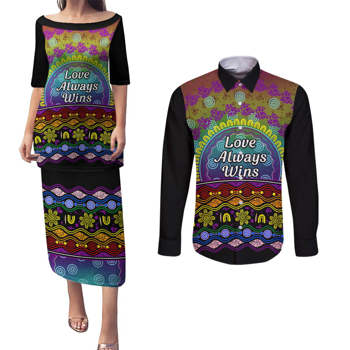 Australia LGBT History Month Couples Matching Puletasi and Long Sleeve Button Shirt Love Always Wins Aboriginal