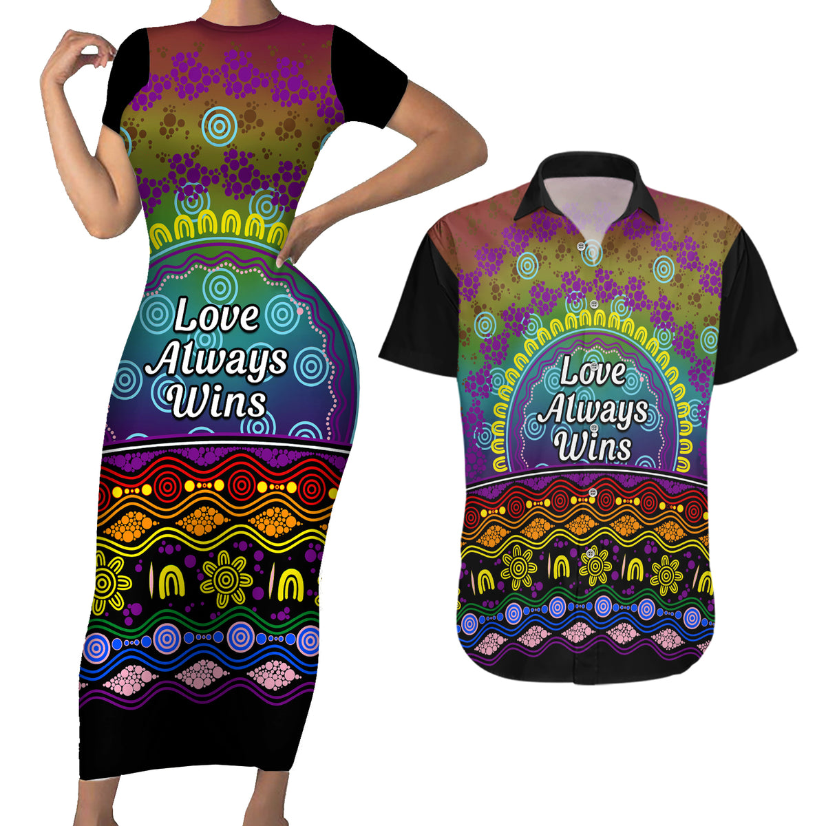 Australia LGBT History Month Couples Matching Short Sleeve Bodycon Dress and Hawaiian Shirt Love Always Wins Aboriginal