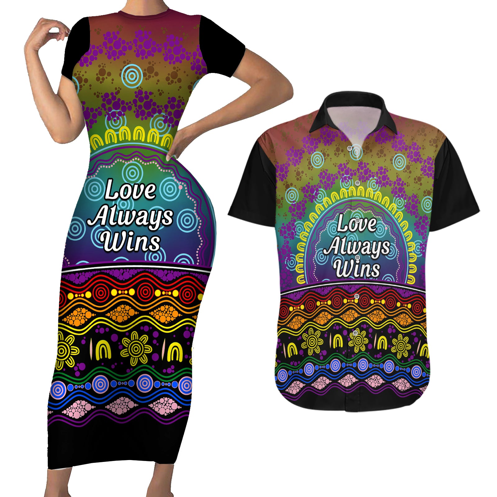 Australia LGBT History Month Couples Matching Short Sleeve Bodycon Dress and Hawaiian Shirt Love Always Wins Aboriginal