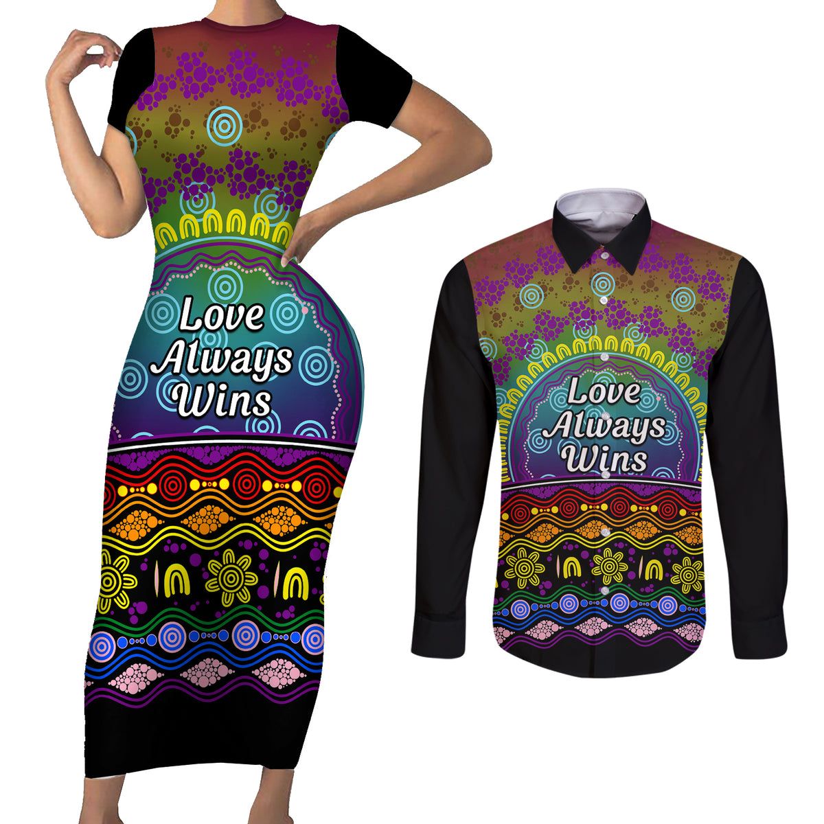 Australia LGBT History Month Couples Matching Short Sleeve Bodycon Dress and Long Sleeve Button Shirt Love Always Wins Aboriginal