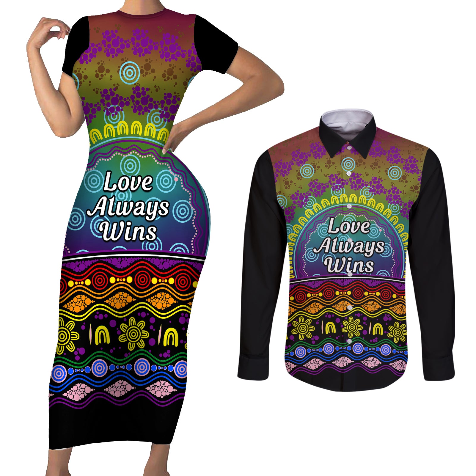 Australia LGBT History Month Couples Matching Short Sleeve Bodycon Dress and Long Sleeve Button Shirt Love Always Wins Aboriginal