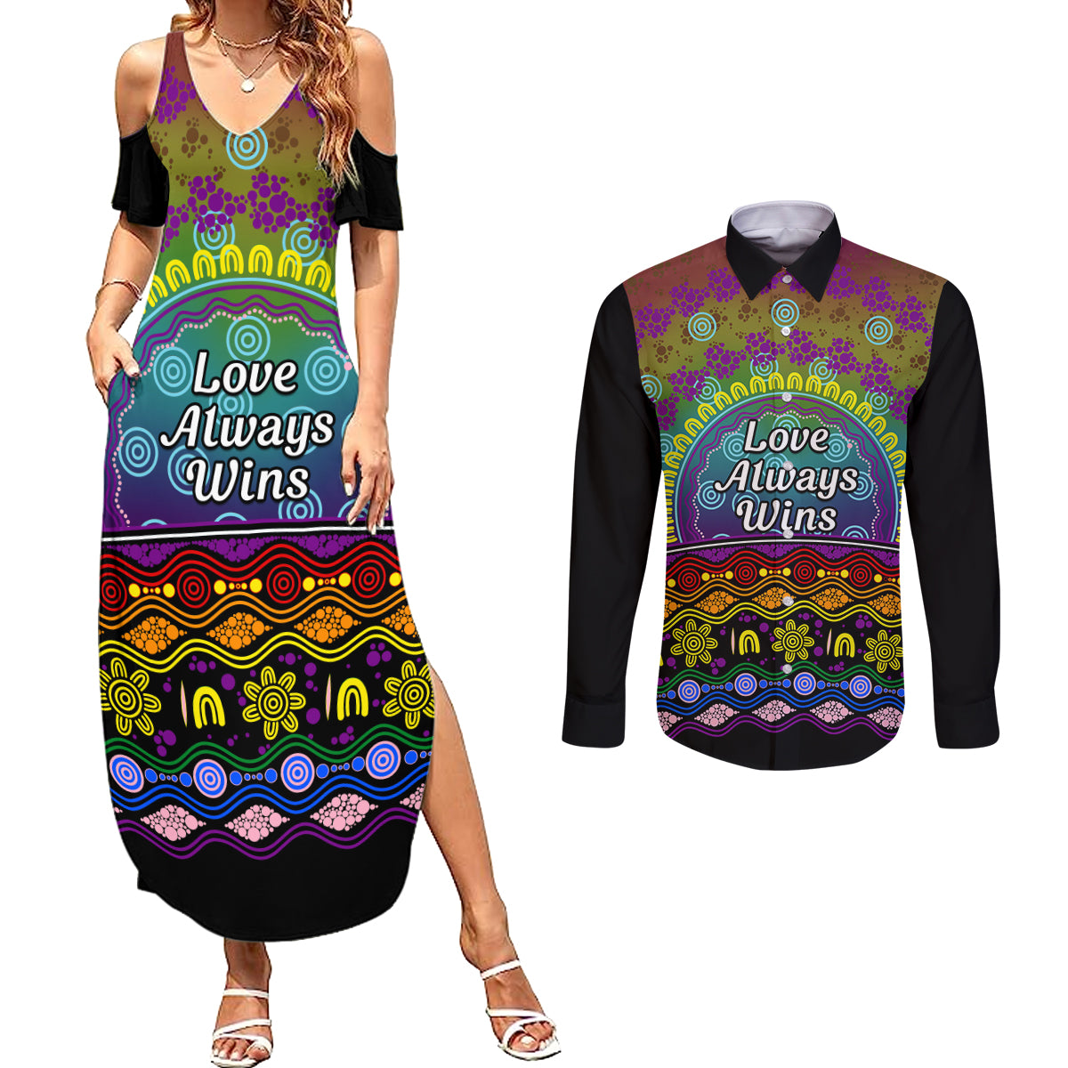 Australia LGBT History Month Couples Matching Summer Maxi Dress and Long Sleeve Button Shirt Love Always Wins Aboriginal