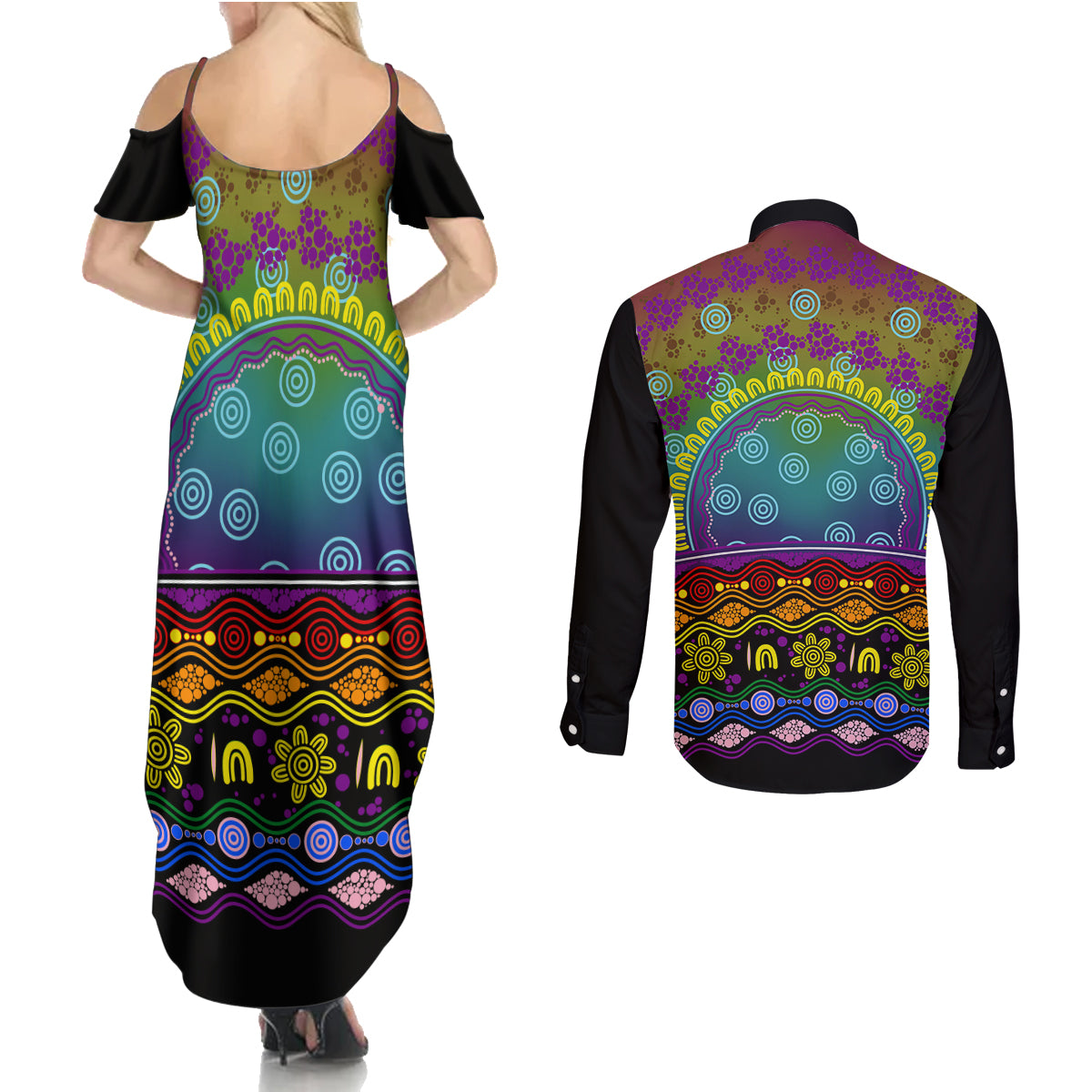Australia LGBT History Month Couples Matching Summer Maxi Dress and Long Sleeve Button Shirt Love Always Wins Aboriginal