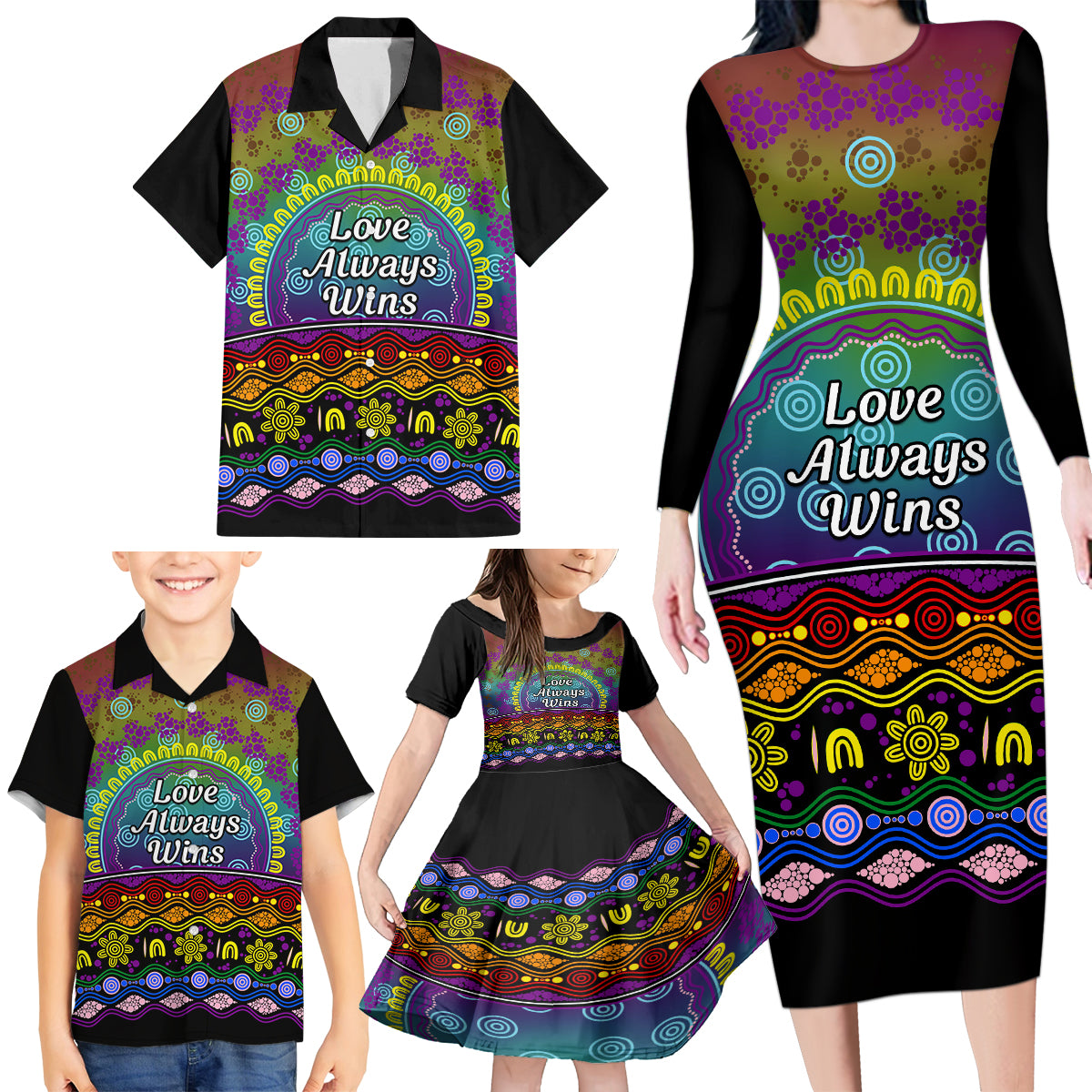 Australia LGBT History Month Family Matching Long Sleeve Bodycon Dress and Hawaiian Shirt Love Always Wins Aboriginal