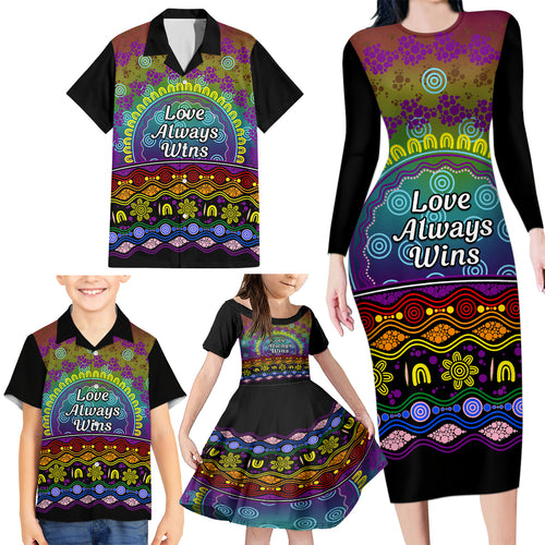 Australia LGBT History Month Family Matching Long Sleeve Bodycon Dress and Hawaiian Shirt Love Always Wins Aboriginal
