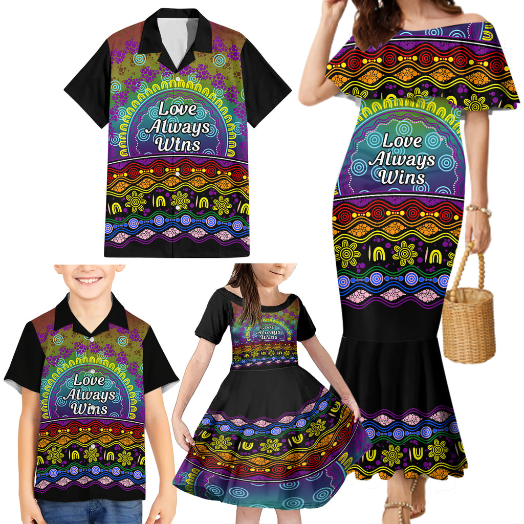 Australia LGBT History Month Family Matching Mermaid Dress and Hawaiian Shirt Love Always Wins Aboriginal