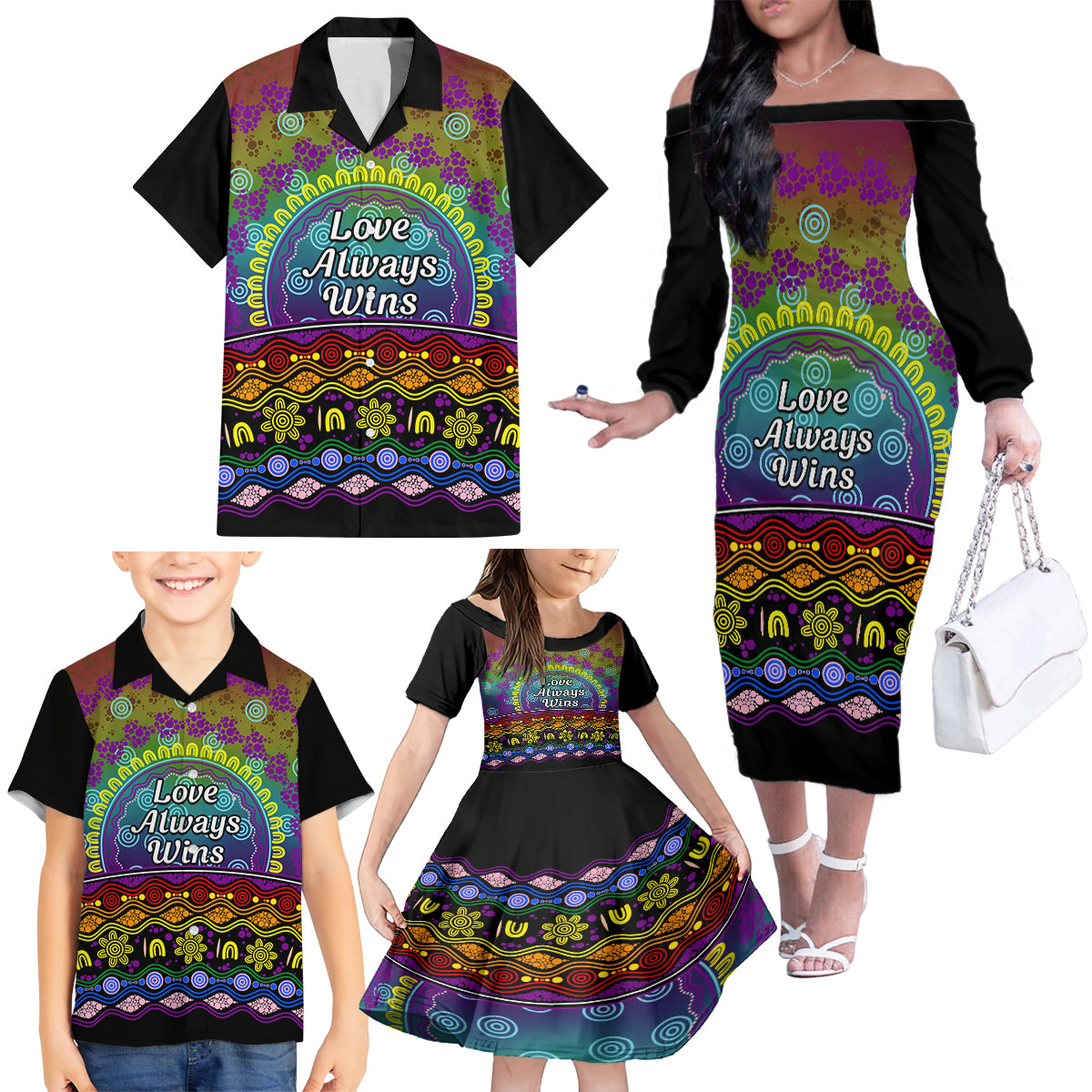 Australia LGBT History Month Family Matching Off Shoulder Long Sleeve Dress and Hawaiian Shirt Love Always Wins Aboriginal