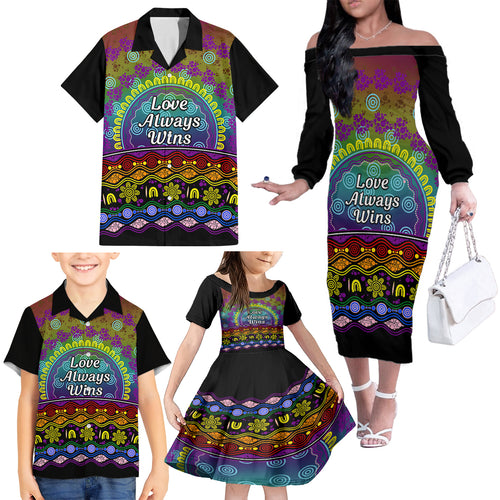 Australia LGBT History Month Family Matching Off Shoulder Long Sleeve Dress and Hawaiian Shirt Love Always Wins Aboriginal