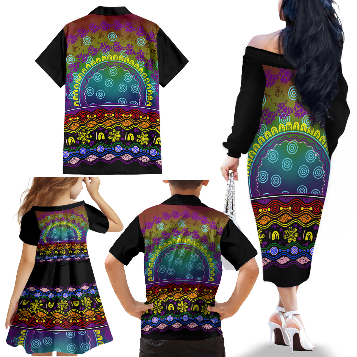Australia LGBT History Month Family Matching Off Shoulder Long Sleeve Dress and Hawaiian Shirt Love Always Wins Aboriginal