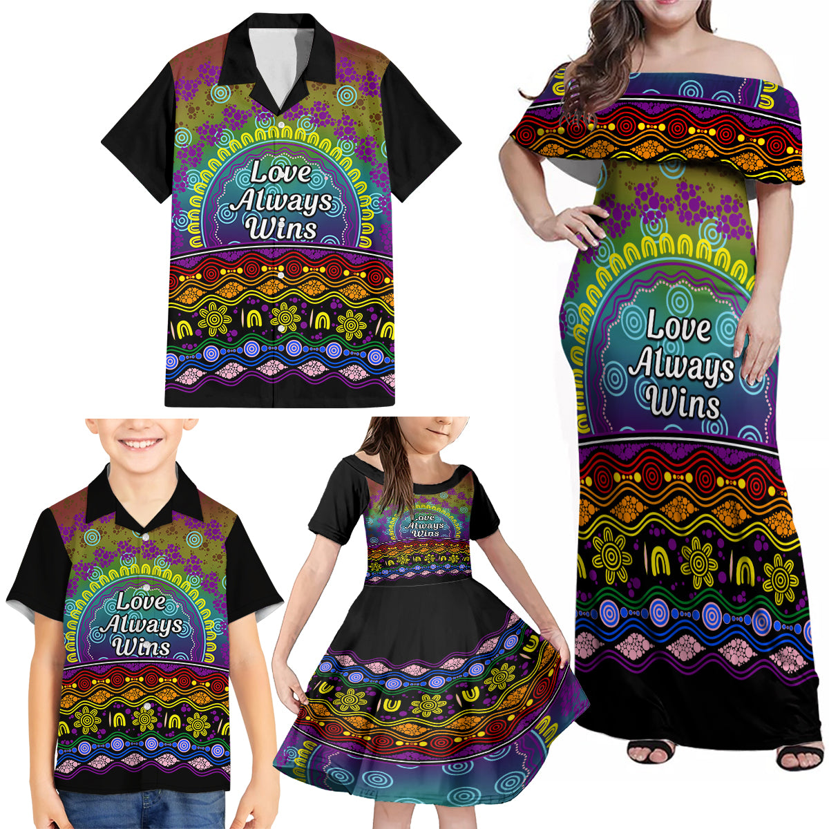 Australia LGBT History Month Family Matching Off Shoulder Maxi Dress and Hawaiian Shirt Love Always Wins Aboriginal