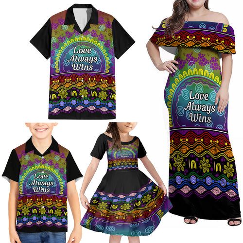 Australia LGBT History Month Family Matching Off Shoulder Maxi Dress and Hawaiian Shirt Love Always Wins Aboriginal