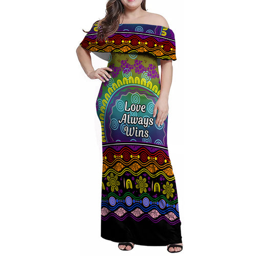 Australia LGBT History Month Family Matching Off Shoulder Maxi Dress and Hawaiian Shirt Love Always Wins Aboriginal