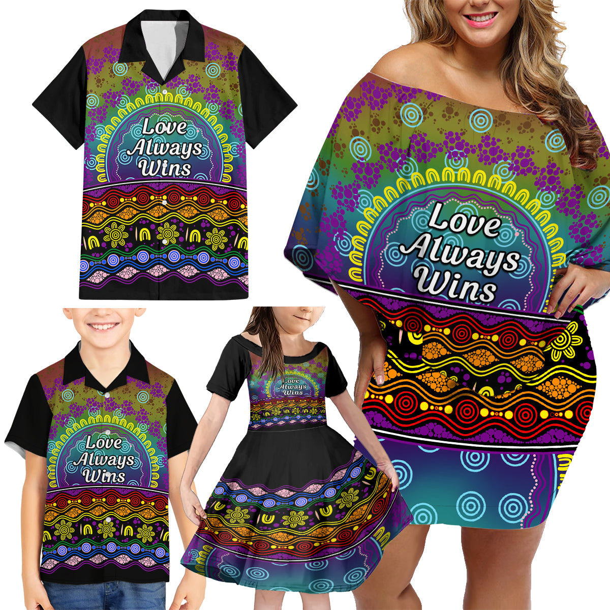 Australia LGBT History Month Family Matching Off Shoulder Short Dress and Hawaiian Shirt Love Always Wins Aboriginal