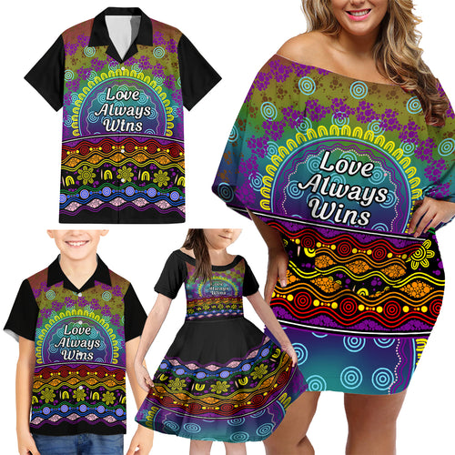 Australia LGBT History Month Family Matching Off Shoulder Short Dress and Hawaiian Shirt Love Always Wins Aboriginal