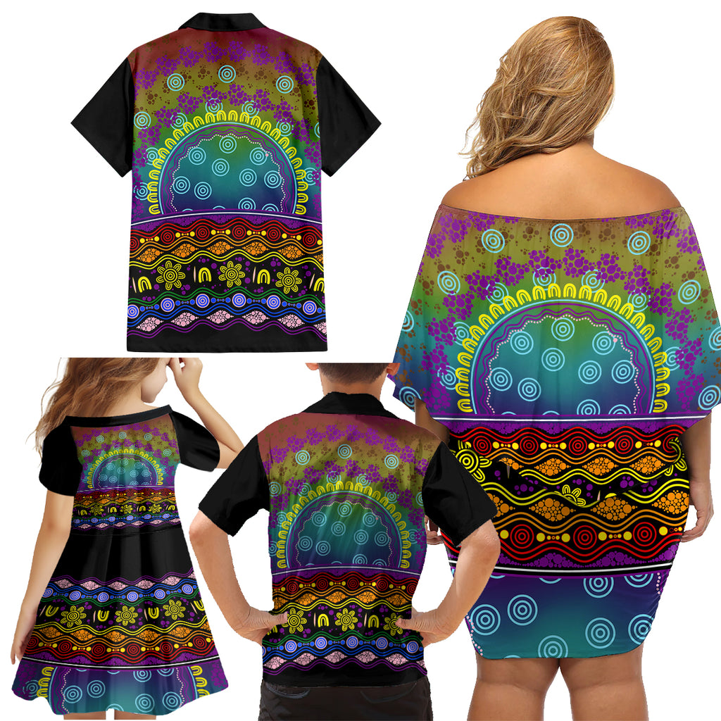 Australia LGBT History Month Family Matching Off Shoulder Short Dress and Hawaiian Shirt Love Always Wins Aboriginal