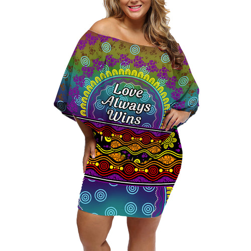 Australia LGBT History Month Family Matching Off Shoulder Short Dress and Hawaiian Shirt Love Always Wins Aboriginal