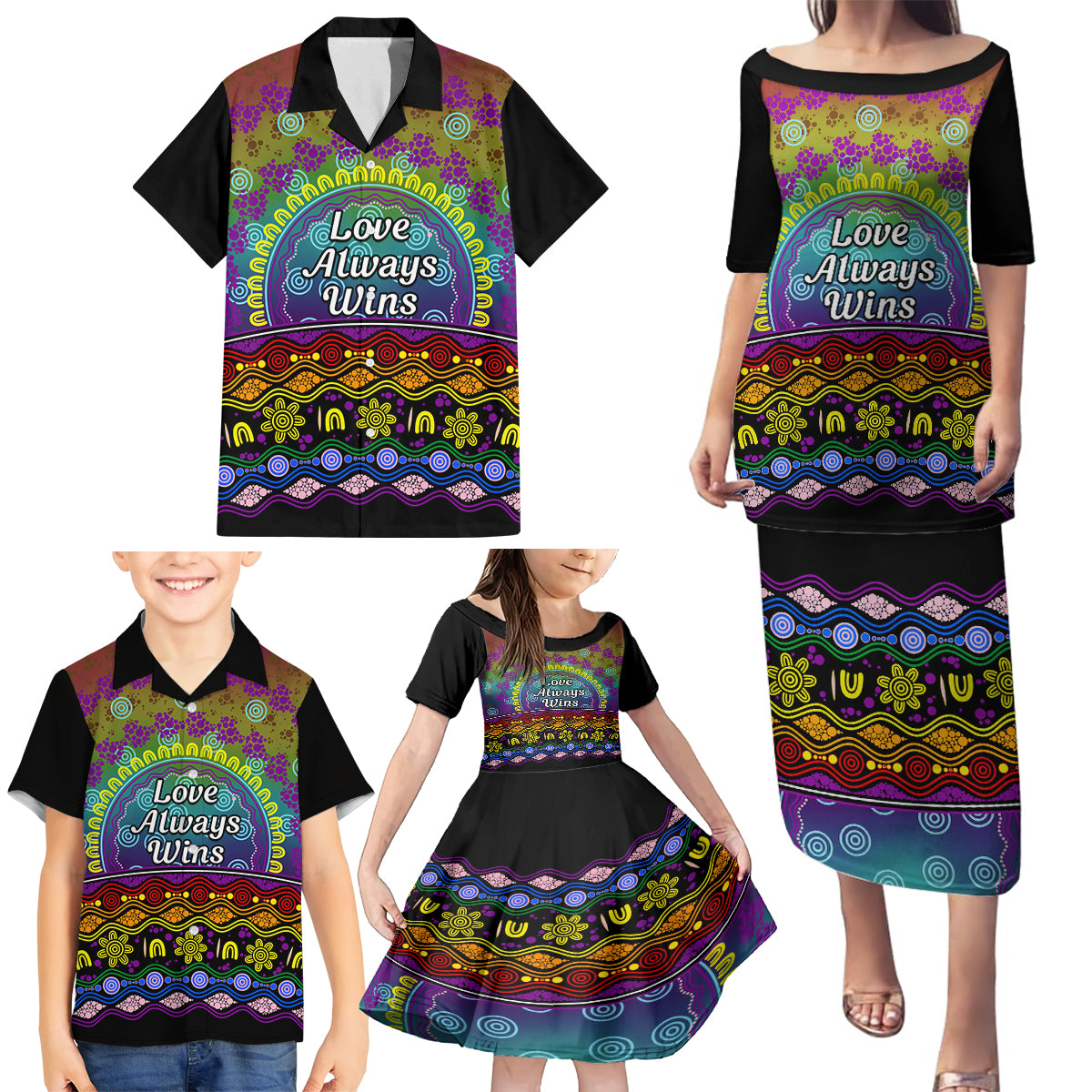 Australia LGBT History Month Family Matching Puletasi and Hawaiian Shirt Love Always Wins Aboriginal