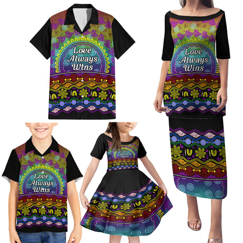 Australia LGBT History Month Family Matching Puletasi and Hawaiian Shirt Love Always Wins Aboriginal