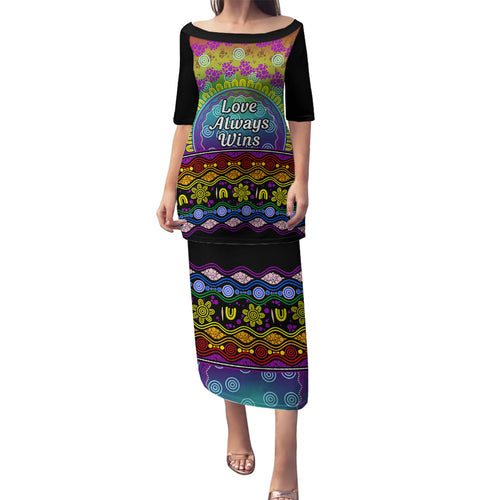 Australia LGBT History Month Family Matching Puletasi and Hawaiian Shirt Love Always Wins Aboriginal