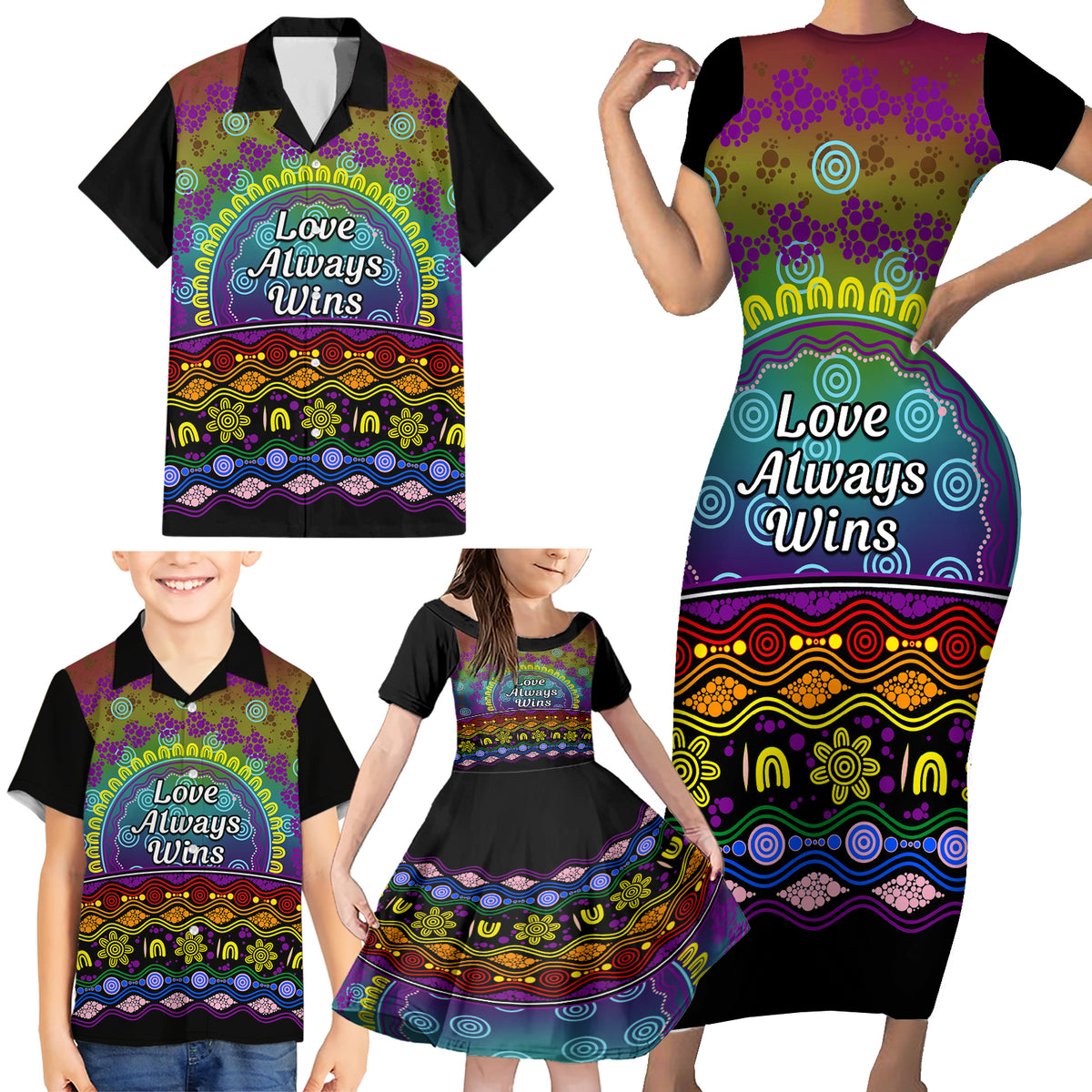 Australia LGBT History Month Family Matching Short Sleeve Bodycon Dress and Hawaiian Shirt Love Always Wins Aboriginal