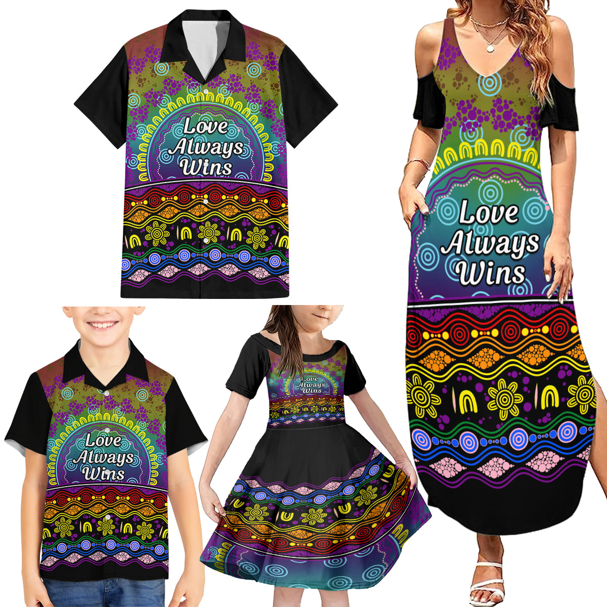 Australia LGBT History Month Family Matching Summer Maxi Dress and Hawaiian Shirt Love Always Wins Aboriginal