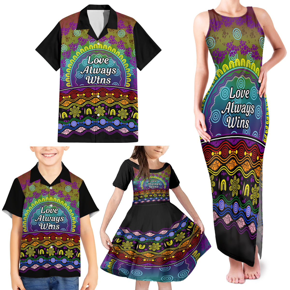 Australia LGBT History Month Family Matching Tank Maxi Dress and Hawaiian Shirt Love Always Wins Aboriginal