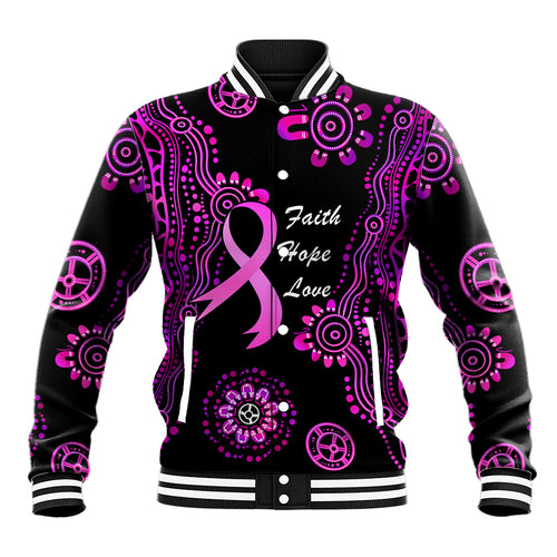 Personalised Faith Hope Love Australia Breast Cancer Baseball Jacket Pink Ribbon Indigenous