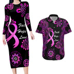 Personalised Faith Hope Love Australia Breast Cancer Couples Matching Long Sleeve Bodycon Dress and Hawaiian Shirt Pink Ribbon Indigenous