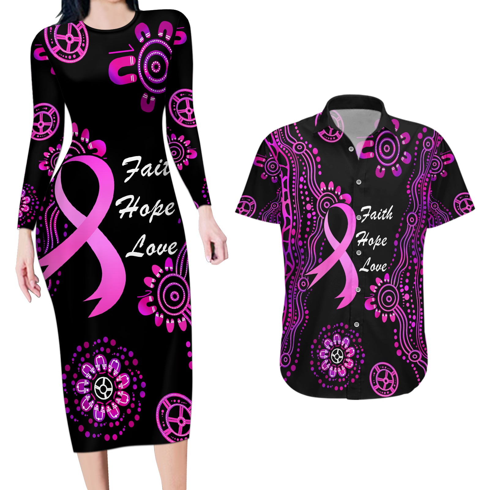 Personalised Faith Hope Love Australia Breast Cancer Couples Matching Long Sleeve Bodycon Dress and Hawaiian Shirt Pink Ribbon Indigenous