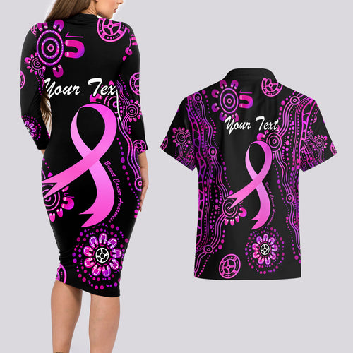 Personalised Faith Hope Love Australia Breast Cancer Couples Matching Long Sleeve Bodycon Dress and Hawaiian Shirt Pink Ribbon Indigenous