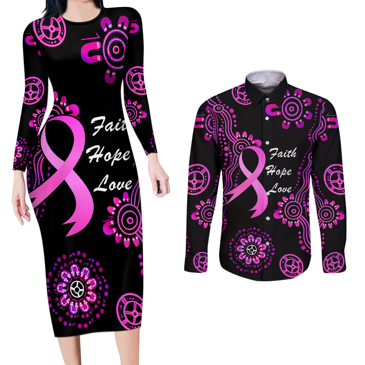 Personalised Faith Hope Love Australia Breast Cancer Couples Matching Long Sleeve Bodycon Dress and Long Sleeve Button Shirt Pink Ribbon Indigenous