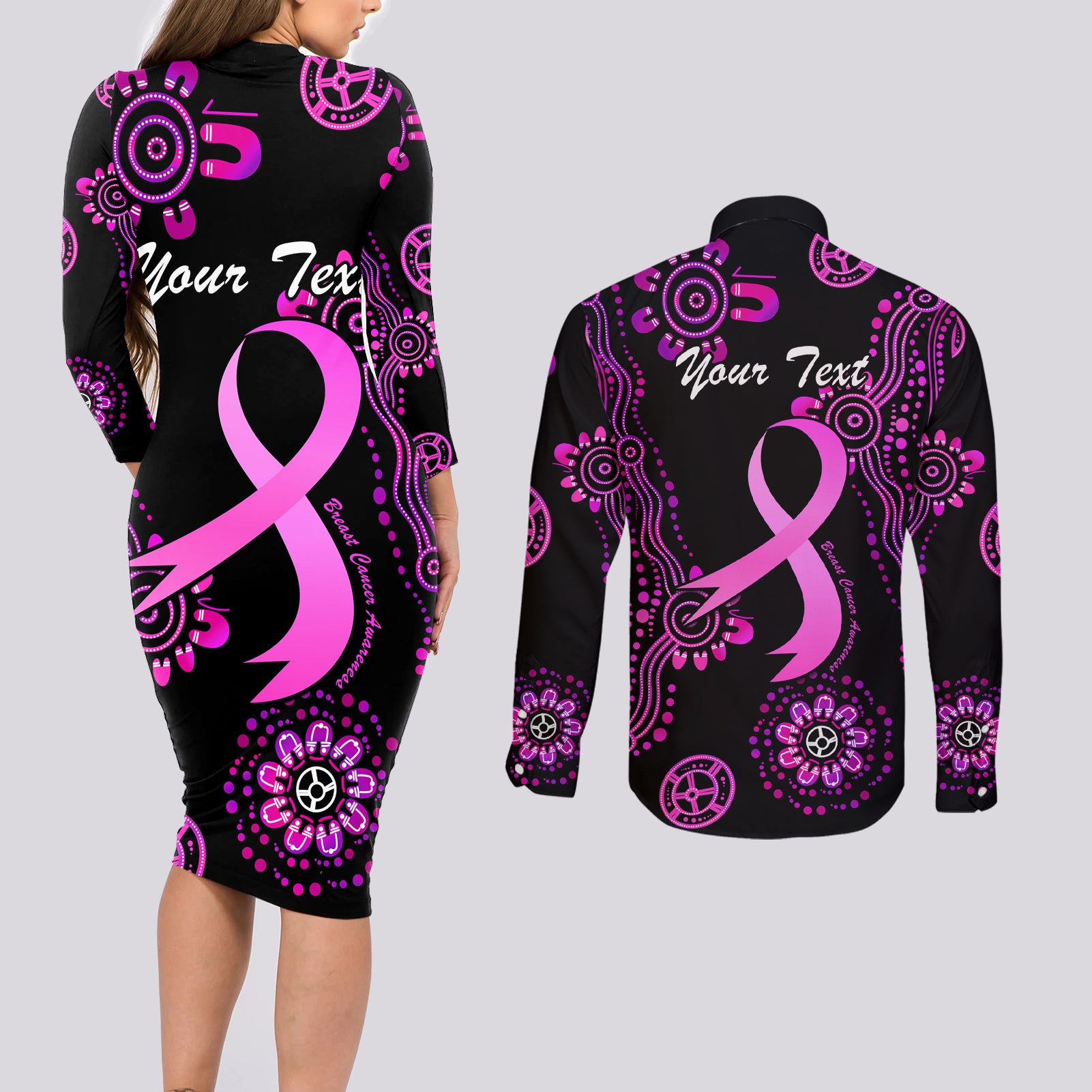 Personalised Faith Hope Love Australia Breast Cancer Couples Matching Long Sleeve Bodycon Dress and Long Sleeve Button Shirt Pink Ribbon Indigenous