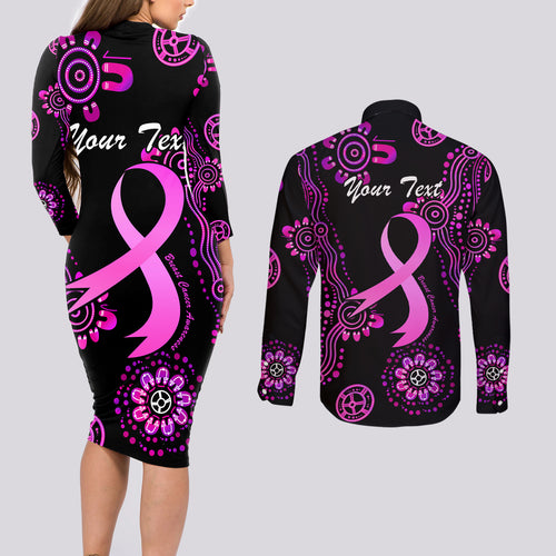 Personalised Faith Hope Love Australia Breast Cancer Couples Matching Long Sleeve Bodycon Dress and Long Sleeve Button Shirt Pink Ribbon Indigenous