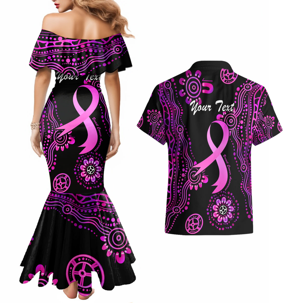Personalised Faith Hope Love Australia Breast Cancer Couples Matching Mermaid Dress and Hawaiian Shirt Pink Ribbon Indigenous