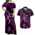 Personalised Faith Hope Love Australia Breast Cancer Couples Matching Off Shoulder Maxi Dress and Hawaiian Shirt Pink Ribbon Indigenous