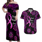 Personalised Faith Hope Love Australia Breast Cancer Couples Matching Off Shoulder Maxi Dress and Hawaiian Shirt Pink Ribbon Indigenous