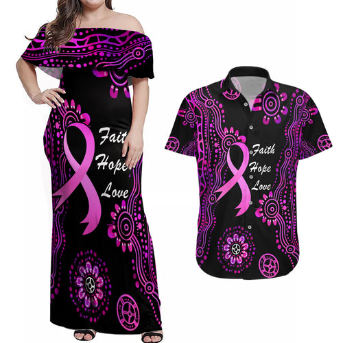 Personalised Faith Hope Love Australia Breast Cancer Couples Matching Off Shoulder Maxi Dress and Hawaiian Shirt Pink Ribbon Indigenous