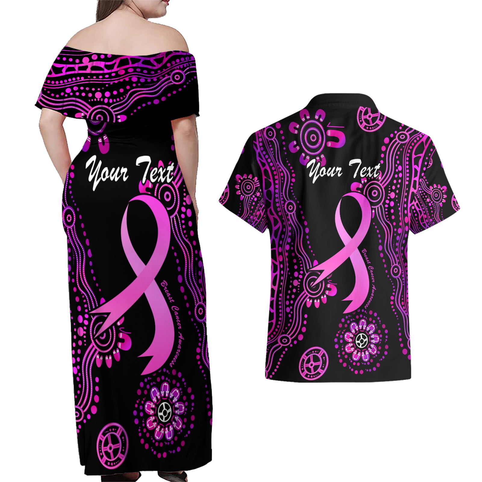 Personalised Faith Hope Love Australia Breast Cancer Couples Matching Off Shoulder Maxi Dress and Hawaiian Shirt Pink Ribbon Indigenous