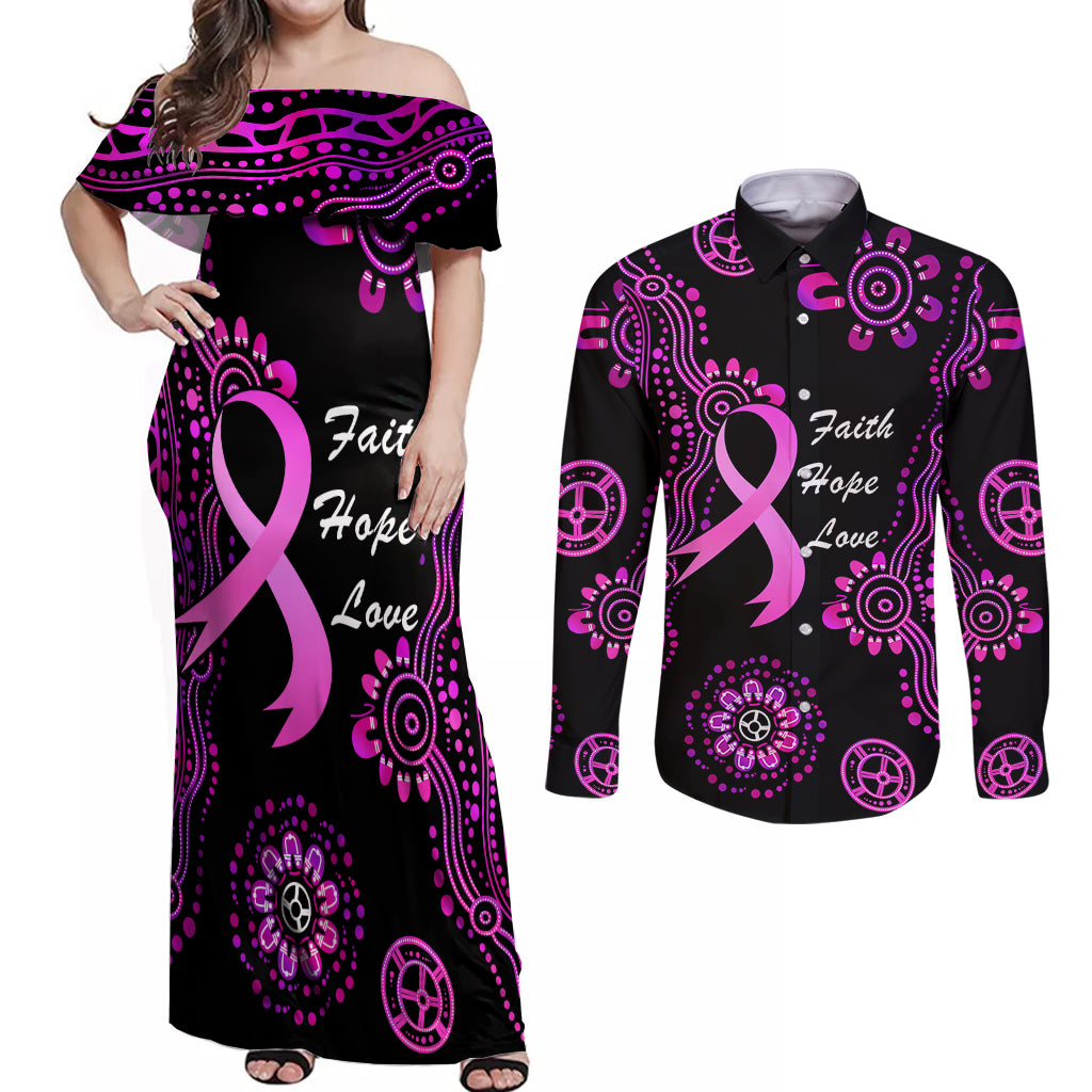 Personalised Faith Hope Love Australia Breast Cancer Couples Matching Off Shoulder Maxi Dress and Long Sleeve Button Shirt Pink Ribbon Indigenous