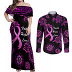 Personalised Faith Hope Love Australia Breast Cancer Couples Matching Off Shoulder Maxi Dress and Long Sleeve Button Shirt Pink Ribbon Indigenous