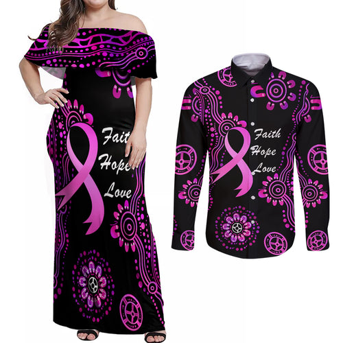Personalised Faith Hope Love Australia Breast Cancer Couples Matching Off Shoulder Maxi Dress and Long Sleeve Button Shirt Pink Ribbon Indigenous