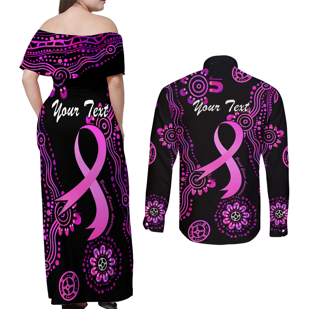 Personalised Faith Hope Love Australia Breast Cancer Couples Matching Off Shoulder Maxi Dress and Long Sleeve Button Shirt Pink Ribbon Indigenous