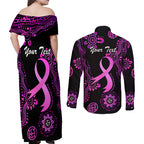 Personalised Faith Hope Love Australia Breast Cancer Couples Matching Off Shoulder Maxi Dress and Long Sleeve Button Shirt Pink Ribbon Indigenous