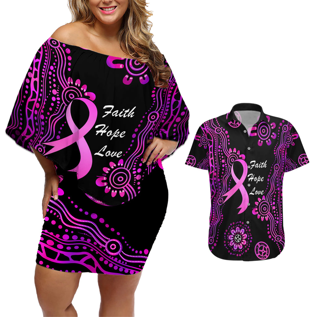 Personalised Faith Hope Love Australia Breast Cancer Couples Matching Off Shoulder Short Dress and Hawaiian Shirt Pink Ribbon Indigenous