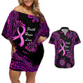Personalised Faith Hope Love Australia Breast Cancer Couples Matching Off Shoulder Short Dress and Hawaiian Shirt Pink Ribbon Indigenous