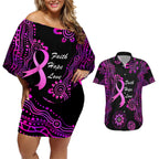 Personalised Faith Hope Love Australia Breast Cancer Couples Matching Off Shoulder Short Dress and Hawaiian Shirt Pink Ribbon Indigenous