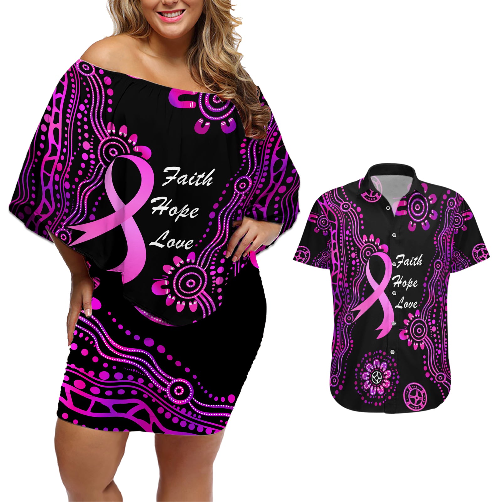 Personalised Faith Hope Love Australia Breast Cancer Couples Matching Off Shoulder Short Dress and Hawaiian Shirt Pink Ribbon Indigenous