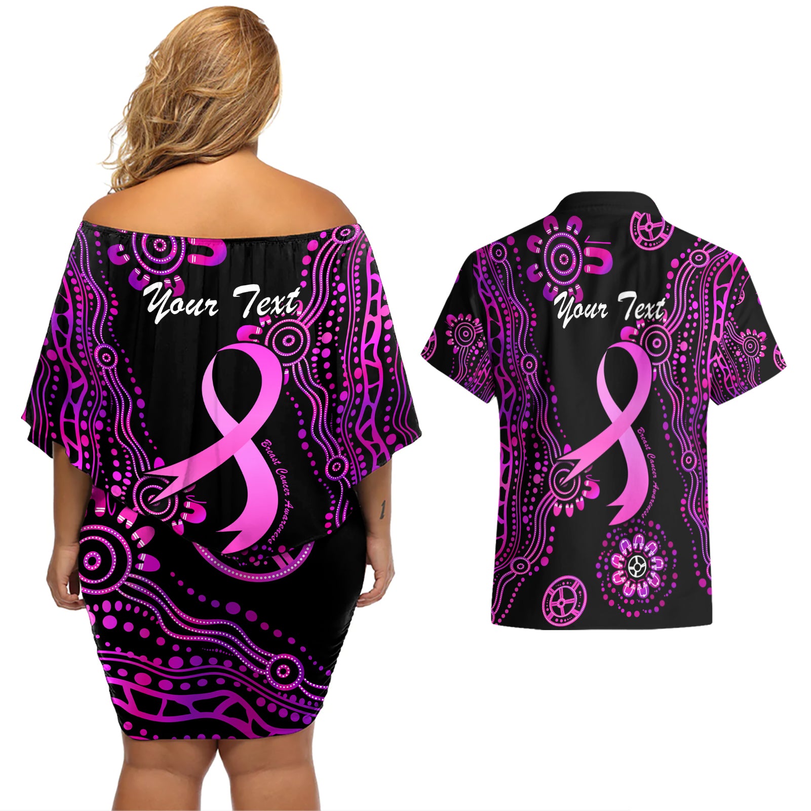 Personalised Faith Hope Love Australia Breast Cancer Couples Matching Off Shoulder Short Dress and Hawaiian Shirt Pink Ribbon Indigenous