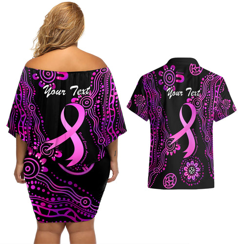 Personalised Faith Hope Love Australia Breast Cancer Couples Matching Off Shoulder Short Dress and Hawaiian Shirt Pink Ribbon Indigenous